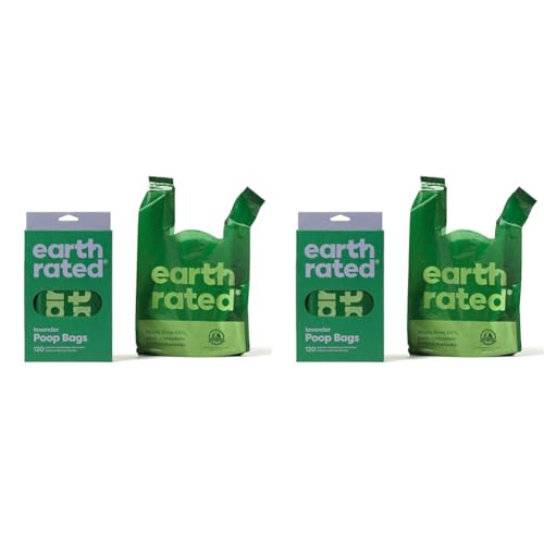 Earth Rated Hundekotbeutel, neues aussehen, mit Henkeln, leicht zu verknoten und garantiert auslaufsicher, Lavendelduft, 120 Henkelbeutel (Packung mit 2) von Earth Rated