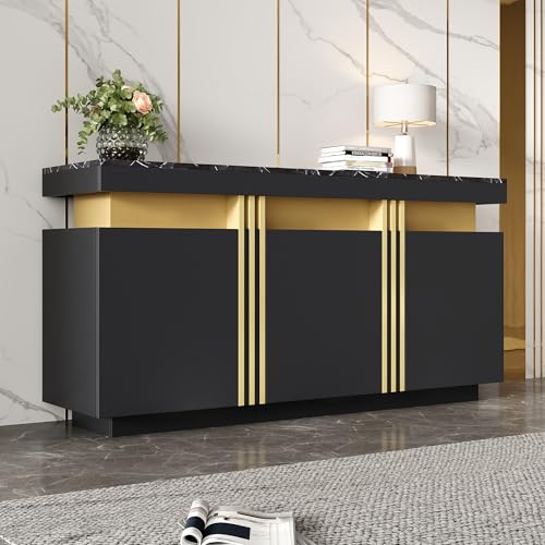 140x38x70cm Modernes Sideboard-Display, 3 Türen, Esszimmerschrank mit verstellbaren Trennwänden, perfekt für Küche, Wohnzimmer, Esszimmer, Flur (Schwarz) von Easexcy