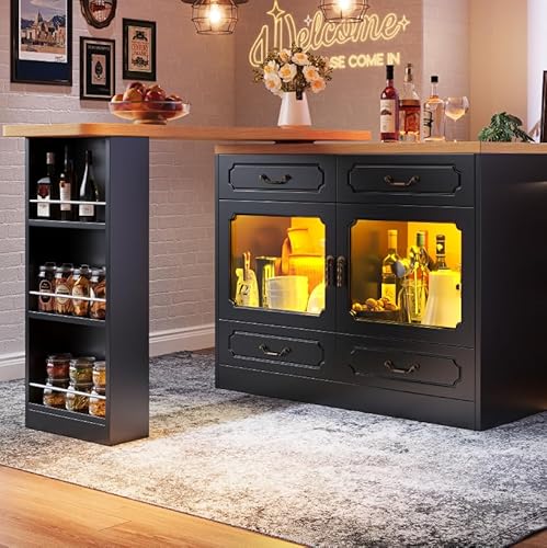 Ausziehbarer Bartisch mit Stauraum(135-203×39×92.8cm), 360° drehbare Essbar, Teleskopischer Bartisch mit LED, Hochtisch Kücheninsel (Schwarz) von Easexcy