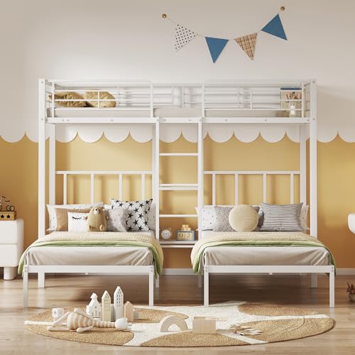 Dreierbett, Dreifaches Etagenbett mit Leiter für Kinder und Jugendliche, Eisenbett mit Fallschutzgitter und Tisch,90x200cm*3 (weiß) von Easexcy