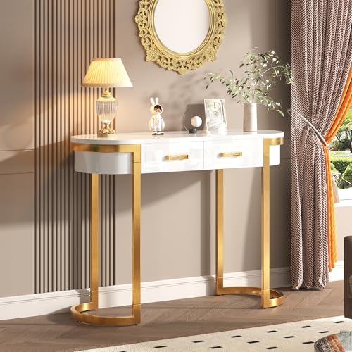 Easexcy 100 cm lang, Moderner und Schlichter Hochglanz-Sofa-Beistelltisch, Wohnzimmer-Konsolentisch, geeignet für Wohnzimmer, Schlafzimmer, Büro, Flur (100 x 40 x 76 cm,weißer) von Easexcy