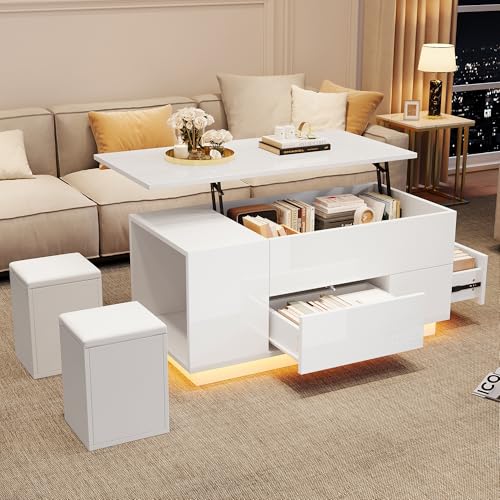 Easexcy 100x50x45cm Couchtisch 4-in-1 höhenverstellbarer Sofatisch mit LED, kaffeetisch mit 2 Schubladen,Hochglanztisch mit Sofa und 2 Hockern, mit Stauraum (Weiß) von Easexcy