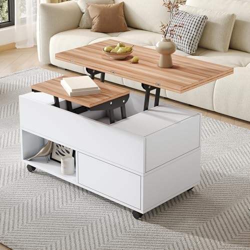 Easexcy 100x50x52cm Couchtisch mit 4 Rollen,multifunktionaler Wohnzimmertisch mit 4 Schubladen, anhebbarer Kaffeetish, höhenverstellbar Sofatisch von Easexcy