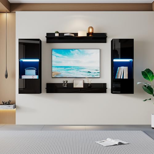 105hoch Wandregal 4er Sett, LED-Wandschrank und 2 Regale, Hochglanzoberfläche und Türen aus gehärtetem Glas, für Wohnzimmer, TV-kompatibel,TV-Schrank (Schwarz) von Easexcy
