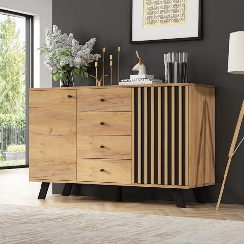 Easexcy 120x38x75cm Wohnzimmer Sideboard,Hohldesign Schrank mit 4 Schubladen,Beistelltisch mit 2 Schränken,Wohnzimmerschrank mit 5 Massivholzbeinen,Holzfarbe von Easexcy