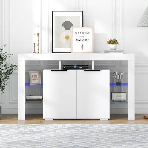 Easexcy 140 Breite Hochglanz-LED-Sideboard,Küchenschrank,Buffet-Aufbewahrung, Servertisch mit LED-Leuchten, Hochglanz-Buffetschrank mit 4 Glasböden und 2 Tür (140cm, Weiß) von Easexcy