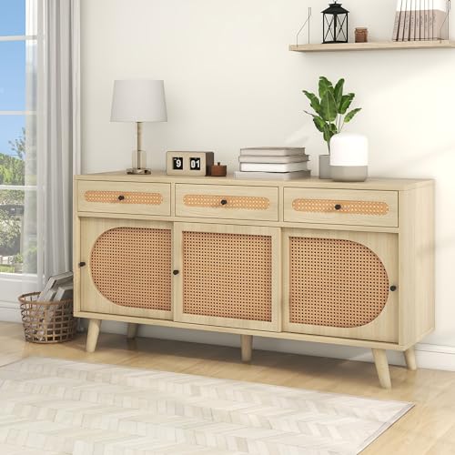 Easexcy 140x40x78cm Sideboard aus Holz, 140 cm lang, mit PE-Kunststoff-Rattantür und verstellbaren Einlegeböden, 3 Schubladen, Sideboard mit 3 Schiebetüren von Easexcy
