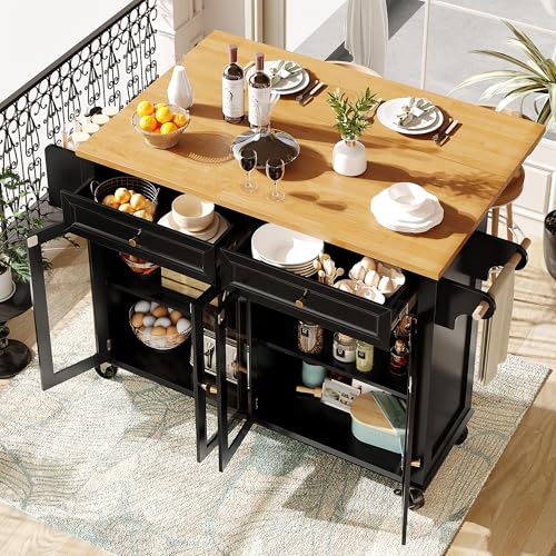 Easexcy 140x44.5(72.5) x90cm Hochwertige Kücheninsel mit Rollen & Glastüren, Multifunktionaler Servierwagen mit Holzmaserung & großem Stauraum (Schwarz) von Easexcy