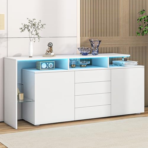Easexcy 160 Breite Kommode, Sideboard mit LED, Wohnzimmermöbel in Weiß Hochglanz, Wohnzimmerschrank, Standschrank, TV-Schrank, Wohnzimmerwand, Highboard (160 cm, Weiß) von Easexcy