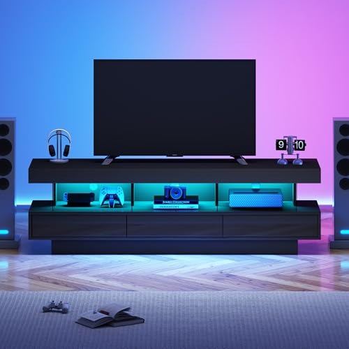 Easexcy 160cm Hochglanz-TV-Ständer mit 3 Glasablagen, LED-Beleuchtung, App-Steuerung, Bluetooth-Konnektivität für 70-Zoll-Fernseher, Hochglanz-Glas-TV-Ständer (Schwarz) von Easexcy