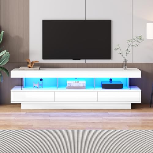 Easexcy 160cm Hochglanz-TV-Ständer mit 3 Glasablagen, LED-Beleuchtung, App-Steuerung, Bluetooth-Konnektivität für 70-Zoll-Fernseher, Hochglanz-Glas-TV-Ständer (Weiß) von Easexcy
