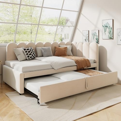 Easexcy 2-in-1 Multifunktions-Schlafsofa in L-Form (90/180 x 200 cm), Samtbeige Polsterbett als Kinderbett oder Gästebett genutzt Werden (Beige, 90 x 200 cm (Innenmaß)) von Easexcy