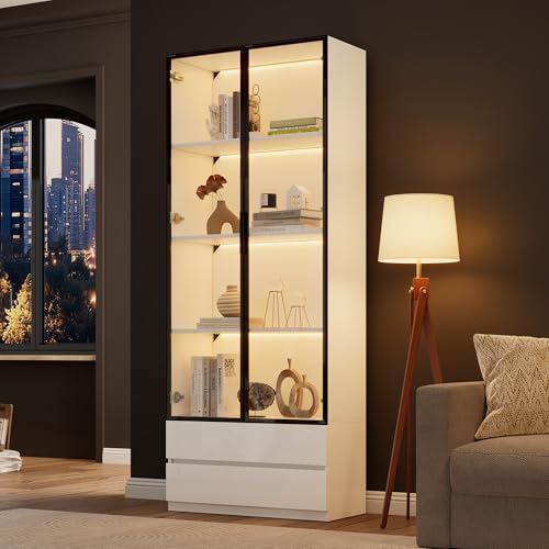Easexcy 80x34x200cm Vitrine, Hochschrank mit LED-Leuchten, Wohnzimmer-Beistellschrank mit 2 Türen,Vitrinenschränke mit 2 Schubladen,Bücherregal,Display Regal von Easexcy