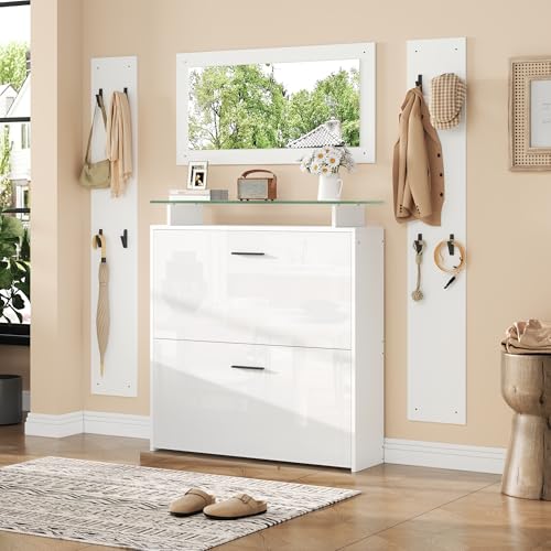 Easexcy 89.5x23x96.5cm Garderoben-Set 4-teilig mit Spiegel,2 Hutablage und Hochglanz Schuhschrank.Flur Garderobenständer Kleiderständer Set,Flurgarderoben Set von Easexcy