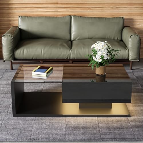 Easexcy Couchtisch, Hochglanz-Weiß. Beistelltische, Couchtische mit Glas und LED-Effekt,105 x 55 x 32.5cm (Black) von Easexcy
