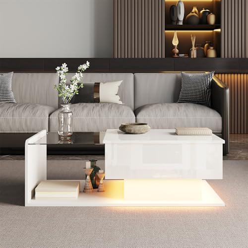 Easexcy Couchtisch, Hochglanz-Weiß. Beistelltische, Couchtische mit Glas und LED-Effekt,105 x 55 x 32.5cm (White-1) von Easexcy