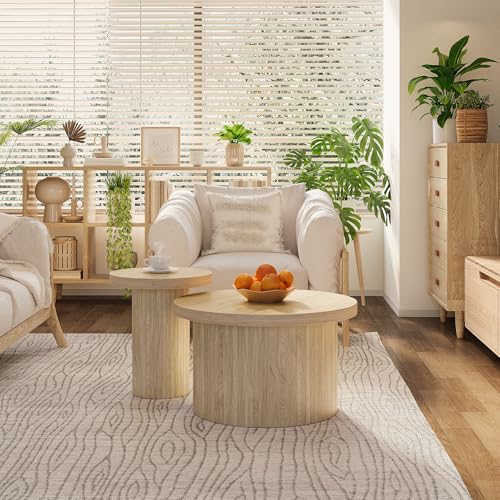 Easexcy Couchtisch, doppelter runder Tisch, Beistelltisch mit Naturholzlatten. Multifunktionaler Wohnzimmertisch,66 * 66 * 40+40 * 40 * 46cm von Easexcy
