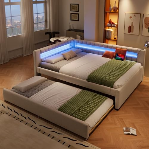 Easexcy Daybett, Tagesbett, Schlafsofa, 140 * 200cm, Bett mit LED-slichtleiste am Bettende, Bett mit Ausziehbett ohne Matratze, USB + Type-C, Leinen (Beige,Mit Ausziehbett, 140 x 200 cm (Innenmaß)) von Easexcy