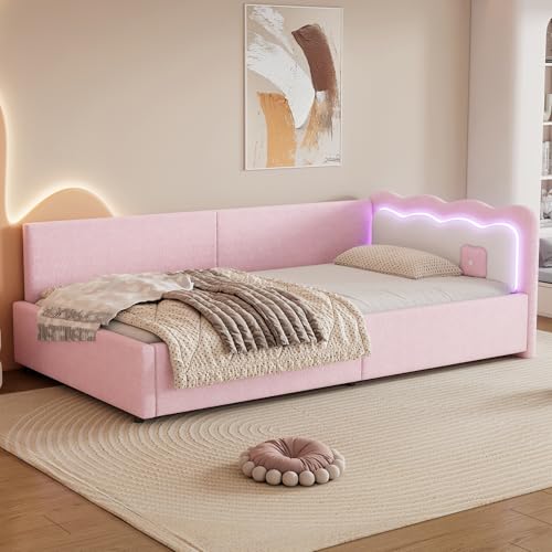 Easexcy Daybett, Tagesbett, Schlafsofa, 90 * 200cm, LED-Umgebungslicht, Bett mit Lattenrost (ohne Matratze), Vliesimitat (Rosa) von Easexcy