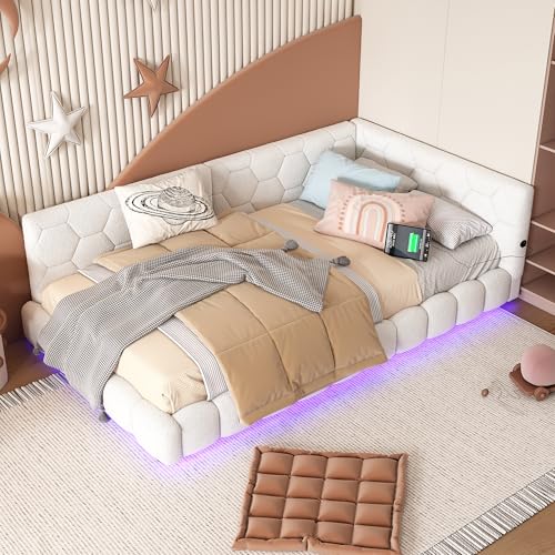 Easexcy Daybett,90 * 200cm Tagesbett,Schlafsofa,Bett mit Lattenrost(ohne Matratze),16 Farben Umgebungslicht, USB-Anschluss,Typ-C, Bequemes Material, Vliesimitat (Weiß, Regulär,klein) von Easexcy