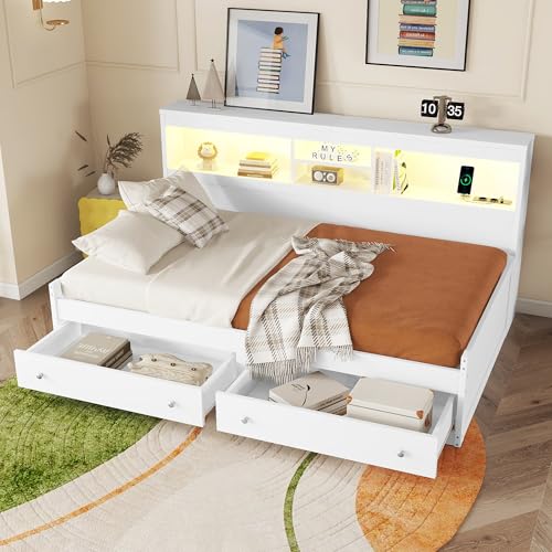 Easexcy Daybett,90 * 200cm Tagesbett,Schlafsofa,Nachtkästchen,Bett mit 2 USB- und 2 Ladebuchsen,Ambiente-Beleuchtung,Zwei Schubladen,ohne Matratze(Weiß,Mit Schubladen, 90x200 cm (Innenmaß)) von Easexcy