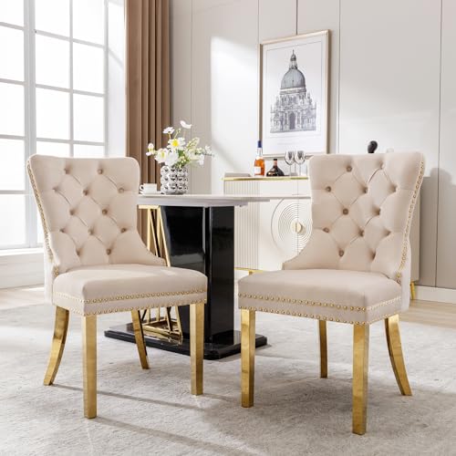 Easexcy Esszimmerstuhl (Küchenstuhl Wohnzimmerstuhl mit einzigartigem Türklopfer auf der Rückseite), Polsterstuhl mit Nagelkopfbesatz,Stützbeine aus vergoldetem Edelstahl, Bezug aus Samt,Beige (2) von Easexcy