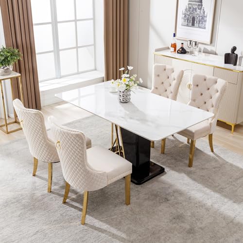 Easexcy Esszimmerstuhl (Küchenstuhl Wohnzimmerstuhl mit einzigartigem Türklopfer auf der Rückseite), Polsterstuhl mit Nagelkopfbesatz,Stützbeine aus vergoldetem Edelstahl, Bezug aus Samt,Beige (4) von Easexcy