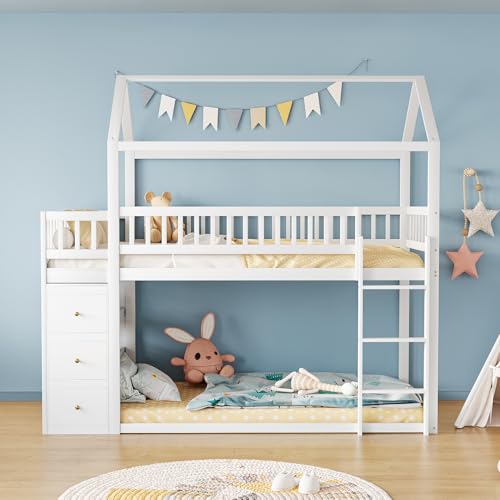 Easexcy Etagen-Kinderbett, Sicherheitszaun-Design, Mit Aufbewahrungskommode und Regalen, Niedriges Hochbett mit Leiter, Massivholzrahmen(Weiß, 90x200cm) von Easexcy