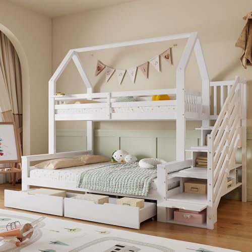 Easexcy Etagenbett,Kinderbett, Zwei Schubladen auf Rollen,Schönes Dachdesign,mit Sicherheitsgeländer und Treppenschrank, 90x200cm & 140x200cm von Easexcy