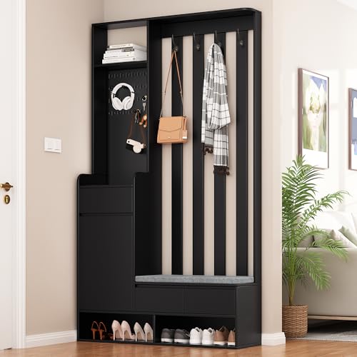 Easexcy Flurgarderobe mit gepolsterter Aufbewahrungsbank,Moderne Garderobe mit 4 Haken für Eingangsbereich,Schwarz,H180/B100/T35cm (Schwarz, H180/B100/T35 cm) von Easexcy
