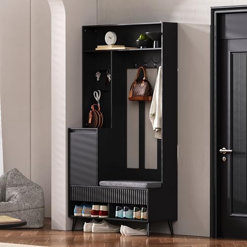 Easexcy Garderoben-Set, Wandgarderobe, Flurgarderobe Set mit Schuhbank, Garderoben Set mit 4 Kleiderhaken, Zwei Schubladen und 1 Türen,100Lx35Bx180H cm (Schwarz(Stil 2)) von Easexcy