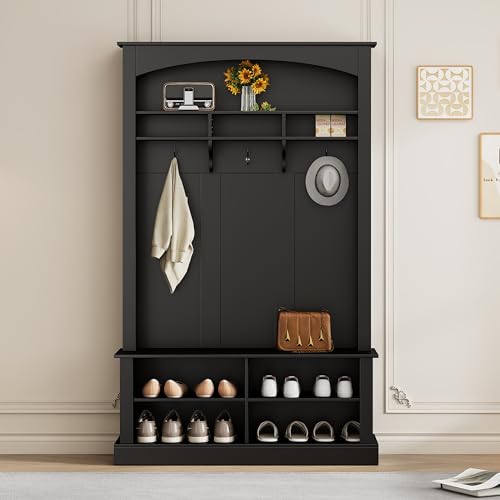 Easexcy Garderoben-Set mit Bank und Schuhablage, multifunktionale Aufbewahrungsbank mit 3 hängenden Haken & offenem Stauraum, H190/B120/T40 cm (Schwarz) von Easexcy