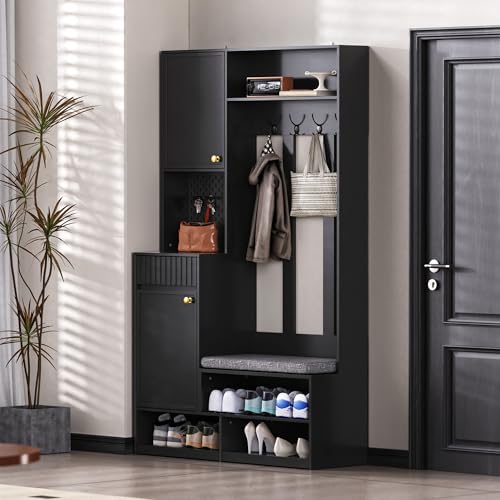 Easexcy Garderobenset, Komplett-Set Flurgarderobe mit Sitzbank, 4 Haken, Türen & Schubladen, Kompaktmaße 100×180×35 cm (B×H×T) (Schwarz(Stil 1)) von Easexcy