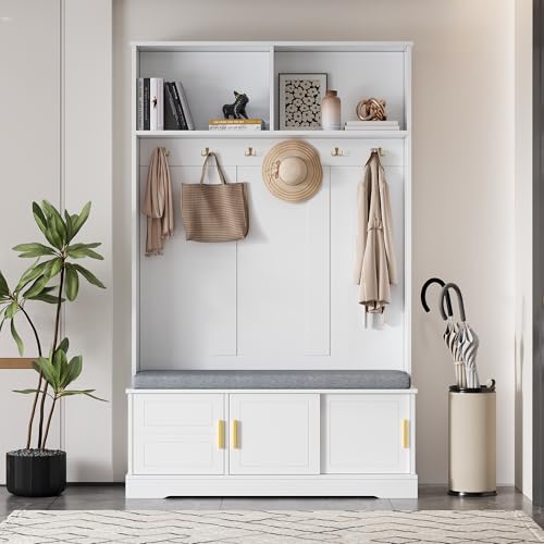 Easexcy Garderobenständer mit Schuhbank, Garderobe, 6 Dreifach-Haken,freistehend, platzsparend, für Eingangsbereich,Flur, Schwarz, 120×40×191cm (Weiß) von Easexcy