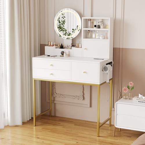 Easexcy Großer Schminktisch mit dimmbarer LED-Beleuchtung (3 Farbtemperaturen), 3 Schubladen & 1 Türn,1 Spiegel,80 × 134× 40cm (B80/D40/H134(cm),Weiß) von Easexcy