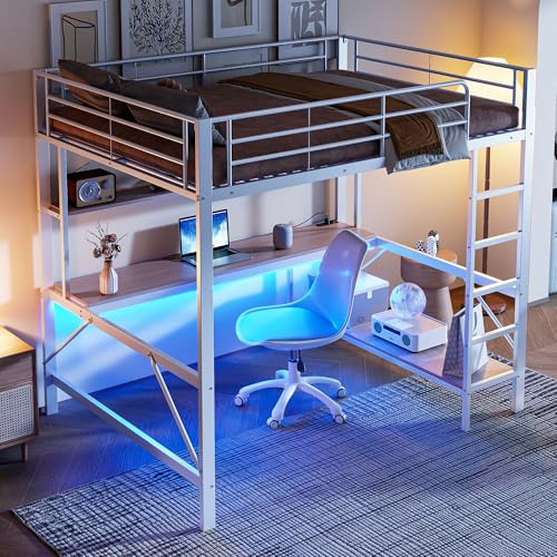 Easexcy Hochbett, Geländer, Kinderbett,Trittleiter, mit USB und Steckdose, Mit LED-Leuchten, Schreibtisch, mehrstöckiges Regal, ohne Matratze, Metall (Weiß, 140x200cm (Innenmaße)) von Easexcy