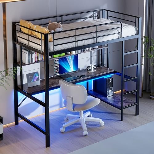 Easexcy Hochbett, Geländer, Kinderbett,Trittleiter, mit USB und Steckdose, Mit LED-Leuchten, Schreibtisch, mehrstöckiges Regal, ohne Matratze, Metall (schwarz, 90x200cm (Innenmaße)) von Easexcy