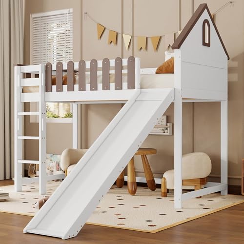 Easexcy Hochbett, Mit Dach und Fenster, Mit dreistufiger gerader Leiter, Jugendbett, Kinderbett mit Rutsche, Kiefer+MDF, Weiß+Walnuss, 90x200cm Easexcy Hochbett, Mit Dach und Fenster, Mit dreistufiger gerader Leiter, Jugendbett, Kinderbett mit Rutsche, Kiefer+MDF, Weiß+Walnuss, 90x200cm von Easexcy
