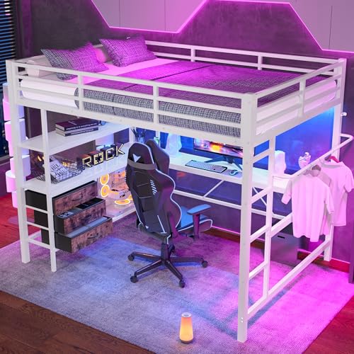 Easexcy Hochbett, Mit LED-Leuchten, Schreibtisch, Steckdose + USB, 3 Schubladen, Regale, Geländer, Treppe, ohne Matratze (Weiß, 140x200cm (Innenmaße)) von Easexcy