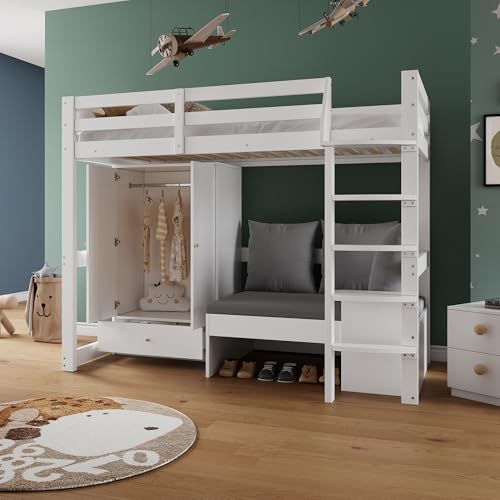 Easexcy Hochbett für Kinder,mit eine Leiter,mit Kleiderschrank,Sofa mit Stauraum,DREI Kissen und Auflagen,ohne Matratze,Massivholz,weiß, 90 x 200 von Easexcy
