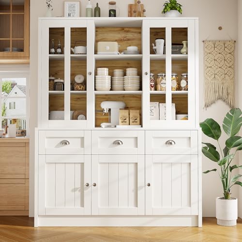 Easexcy Hochschränke fürs Wohnzimmer(140×38.5×175cm), Vitrinenschrank,Küchenschrank,Esszimmerschrank mit Schubladen, Moderner Minimalistischer Hochschrank (Weiß) von Easexcy