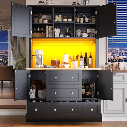 Easexcy Hochwertiger Hochschrank mit LED-Beleuchtung,Moderner Wohnzimmerschrank mit 4 Türen & 3 Schubladen,Küchenvitrine mit Musik-Lichtfunktion & Kippschutz (115×40×180cm) von Easexcy