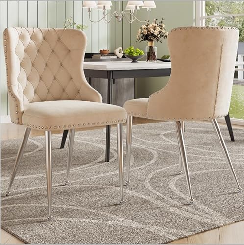 Easexcy Hochwertiger Samtstoff, Leichter Luxus-Stuhl im Modestil, einfacher moderner, ergonomischer Stuhl, verstellbares Fußdesign, Silberne Stuhlbeine (2) von Easexcy