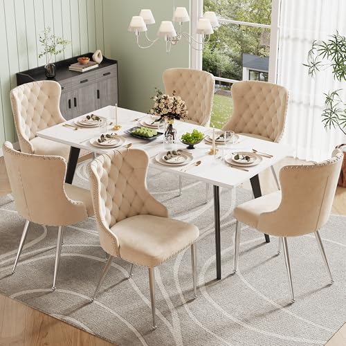 Easexcy Hochwertiger Samtstoff, Leichter Luxus-Stuhl im Modestil, einfacher moderner, ergonomischer Stuhl, verstellbares Fußdesign, Silberne Stuhlbeine (6) von Easexcy