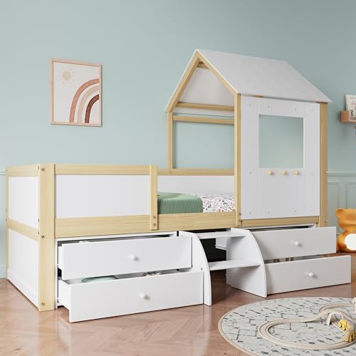 Easexcy Kinderbett, halbhohes Bett, Hausbett mit Dach und Fenster, Vierseitiger Zaun, mit 4 Schubladen und kleine Treppe, Kiefer+MDF+Sperrholz, 90x200cm Easexcy Kinderbett, halbhohes Bett, Hausbett mit Dach und Fenster, Vierseitiger Zaun, mit 4 Schubladen und kleine Treppe, Kiefer+MDF+Sperrholz, 90x200cm von Easexcy