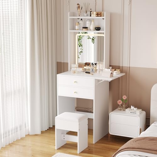 Easexcy Kleiner Schminktisch mit Verstellbarer LED-Beleuchtung und – inkl 1 Hocker, 2 Schubladen, 25cm klappbare Tischplatte,75 ×156 ×45 cm (B75/D45/H156(cm),Weiß) von Easexcy