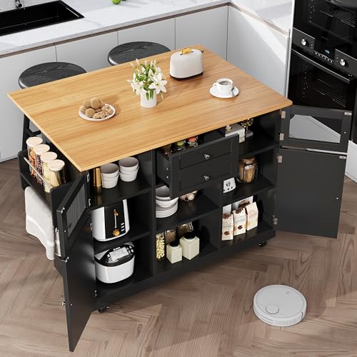 Easexcy Kücheninsel, Esszimmerwagen mit Arbeitsplatte, Buffetschrank, dreidimensionale Schranktüren mit Rollen, verstellbare Trennwände,140 x 70 x 93,5 cm (Schwarz) von Easexcy