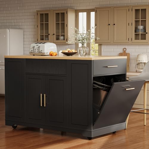 Easexcy Kücheninsel, Küchenschrank,120 x 50 x 92 cm, Servierwagen, mit Abfallbehälterfach, verstellbaren Einlegeböden, Zwei Türen und DREI Schublade (Schwarz) von Easexcy