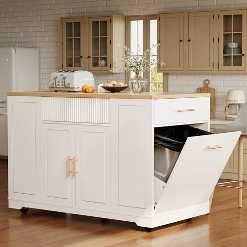 Easexcy Kücheninsel, Küchenschrank,120 x 50 x 92 cm, Servierwagen, mit Abfallbehälterfach, verstellbaren Einlegeböden, Zwei Türen und DREI Schublade (Weiß) von Easexcy