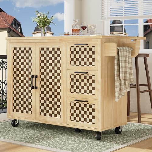 Easexcy Kücheninsel, Schrank, Buffetschrank 130 x 45 (75) x 92 cm, ausziehbarer Küchenwagen mit Rollen,DREI Schubladen, Schachbrettmuster, Holzmaserung von Easexcy